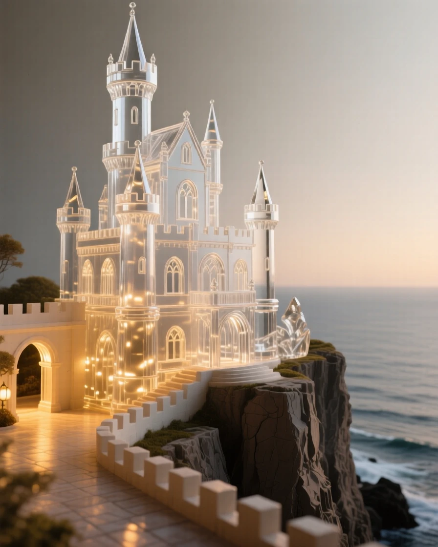 A castle perched dramatically on a cliff above the sea as golden light spills across the surrounding courtyard