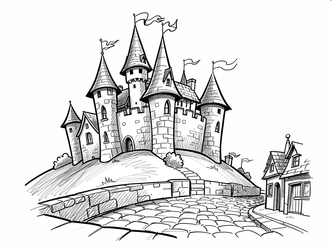 A grand old castle on a hilltop along a quiet cobblestone street.