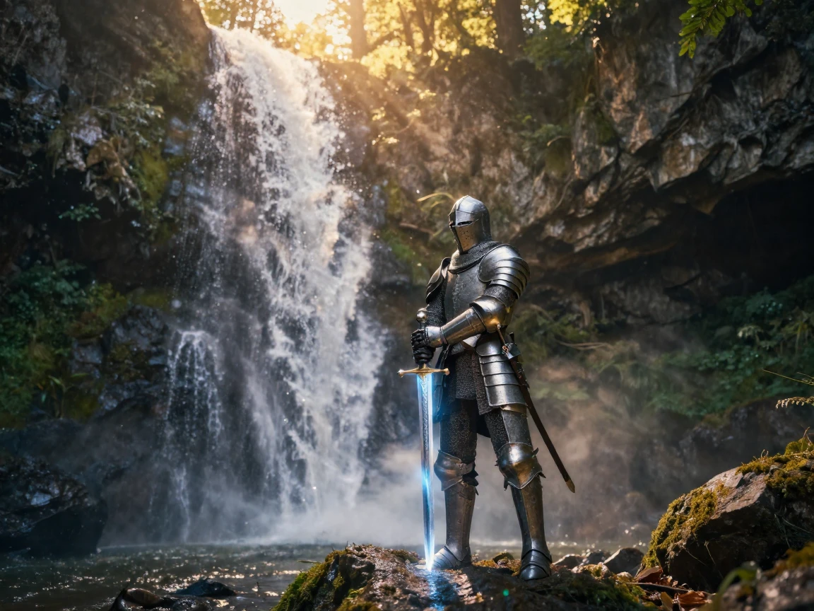 A knight bearing a glowing enchanted sword standing beside a waterfall that flows upward