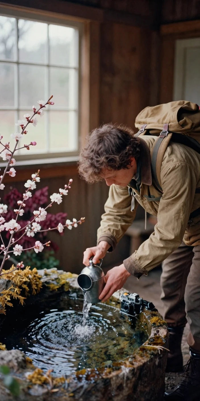 A backpacker filling a canteen from a clear mountain spring, in soft window light, in crisp, dry air, as spring blossoms unfurl, with rich burgundy and gold accents, viewed from across the room.