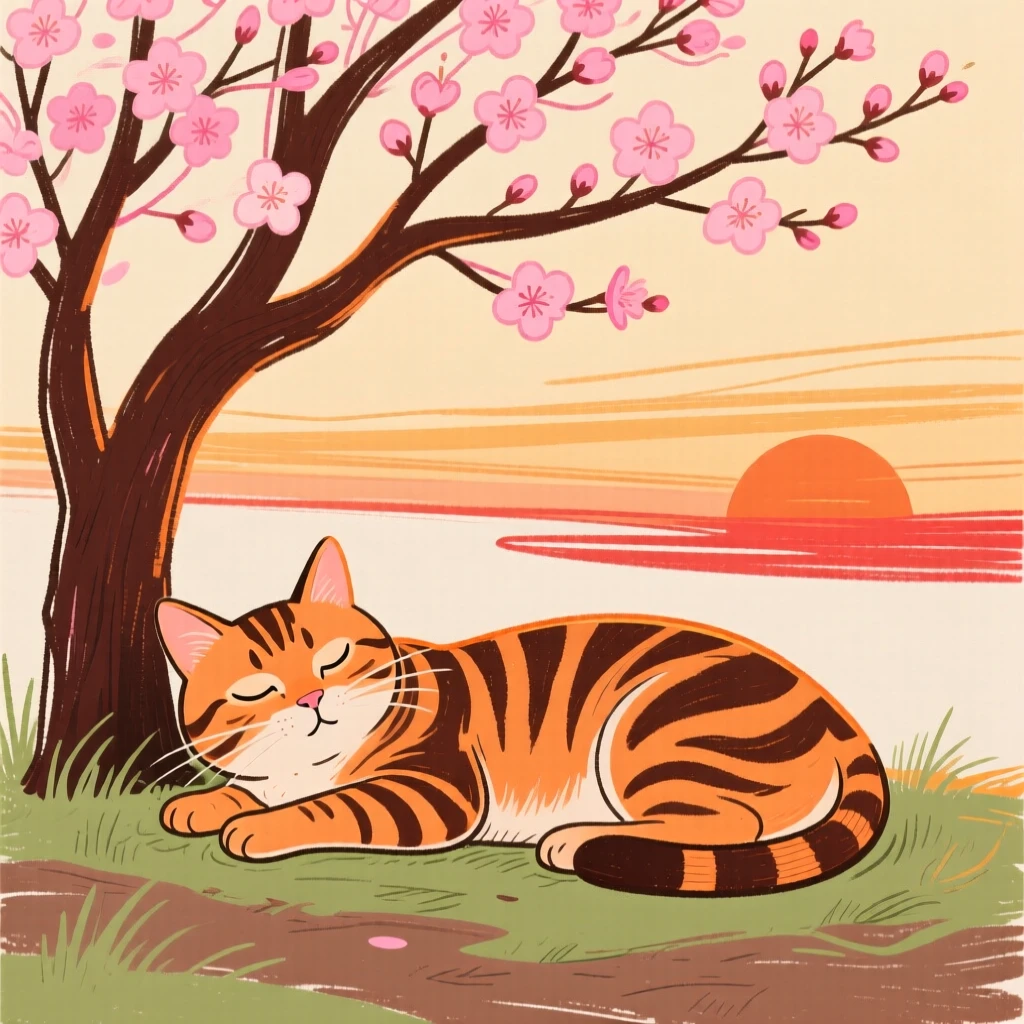 A tabby cat resting under a blossoming tree at sunset.