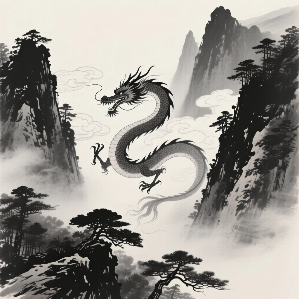 A cloud dragon weaving between mountain peaks within an ancient, mist-filled forest, seen from below, looking up in quiet awe, carrying a sense of magic woven into the natural world.