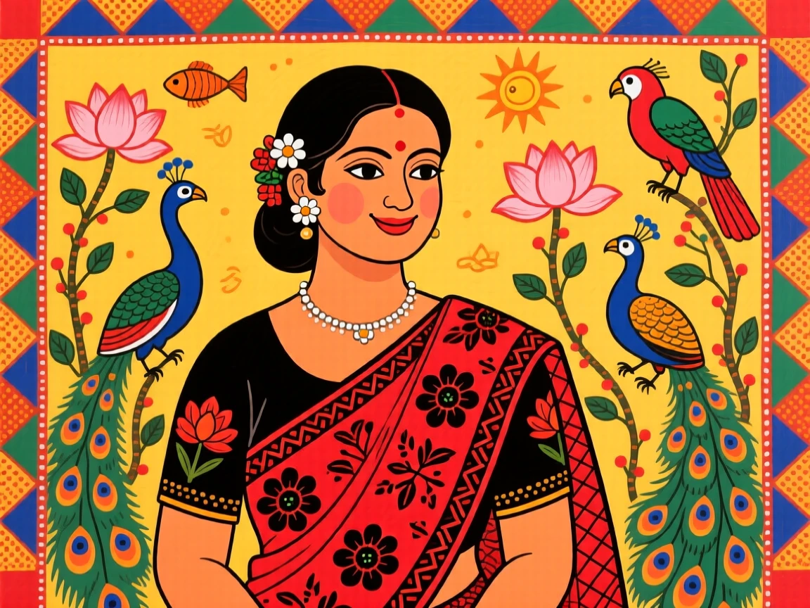 A woman in traditional dress smiling gently in warm afternoon light.