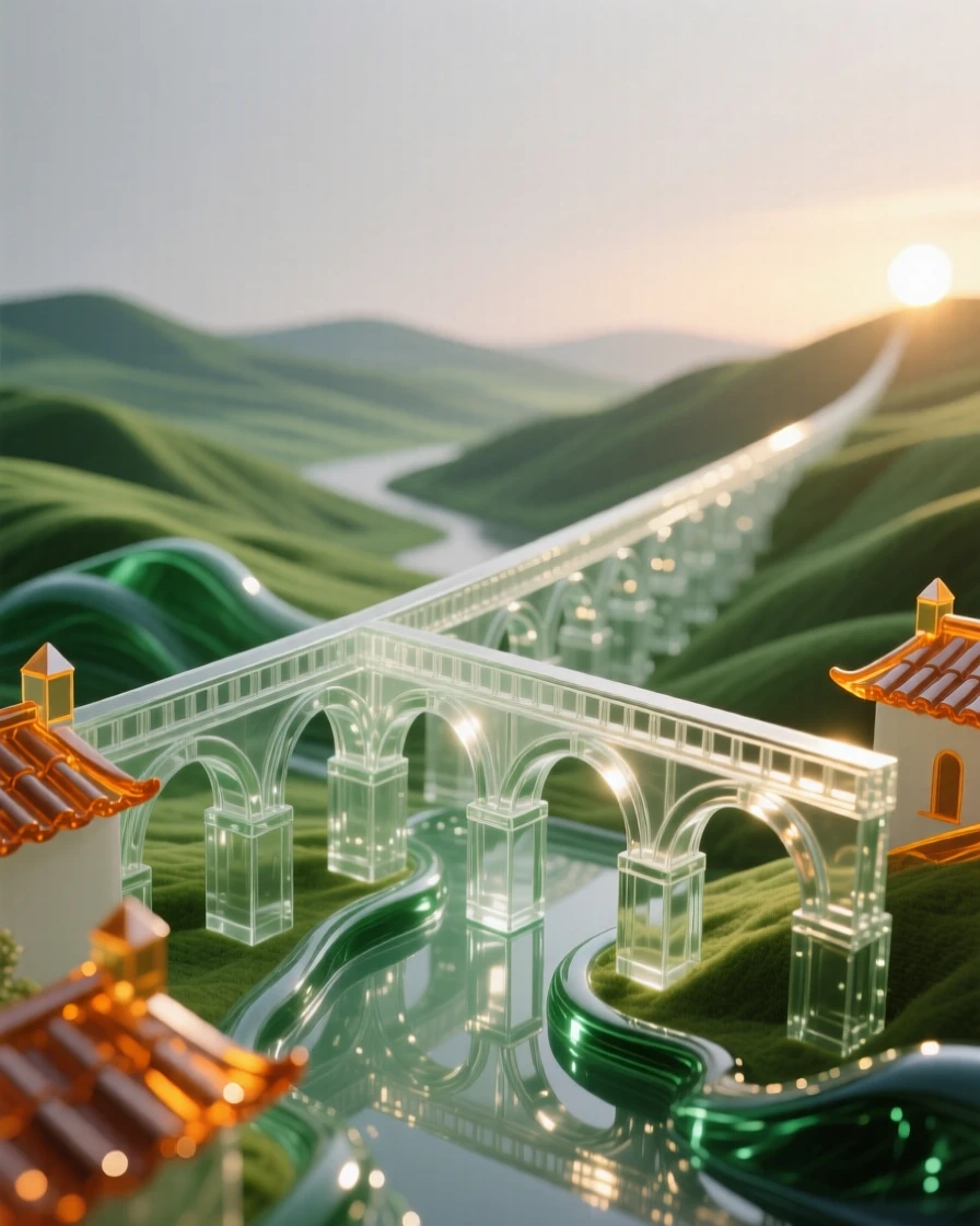 An ancient aqueduct stretching across a wide green valley as the last light of day catches the surrounding rooftops