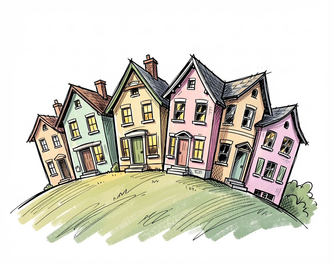 A row of pastel-colored houses on a hillside during a warm summer evening.