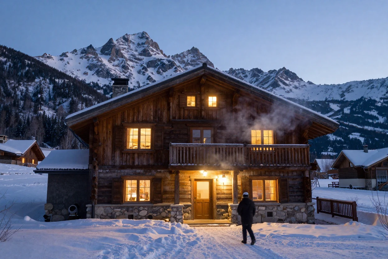 A snow-covered chalet glows warmly against a backdrop of jagged alpine peaks.