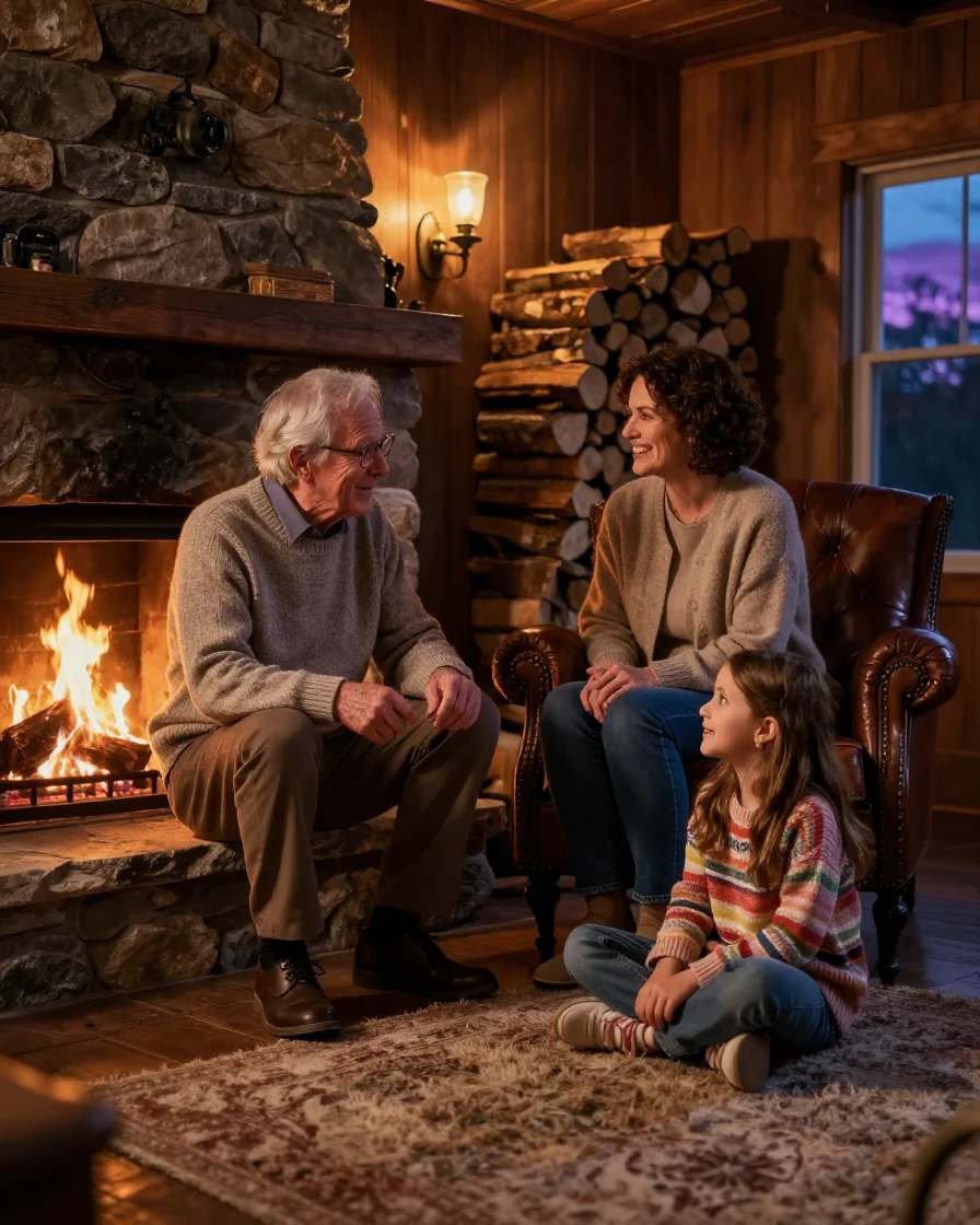 Three generations of a family gathered beside a crackling fireplace at dusk, telling old stories