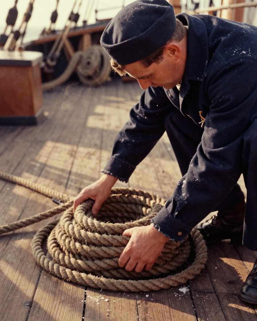 A sailor coiling rope on the deck of an old schooner, under soft golden-hour light, with a soft breeze stirring the air, under the first snow of winter, in earthy terracotta and ochre shades, in a tight close-up.