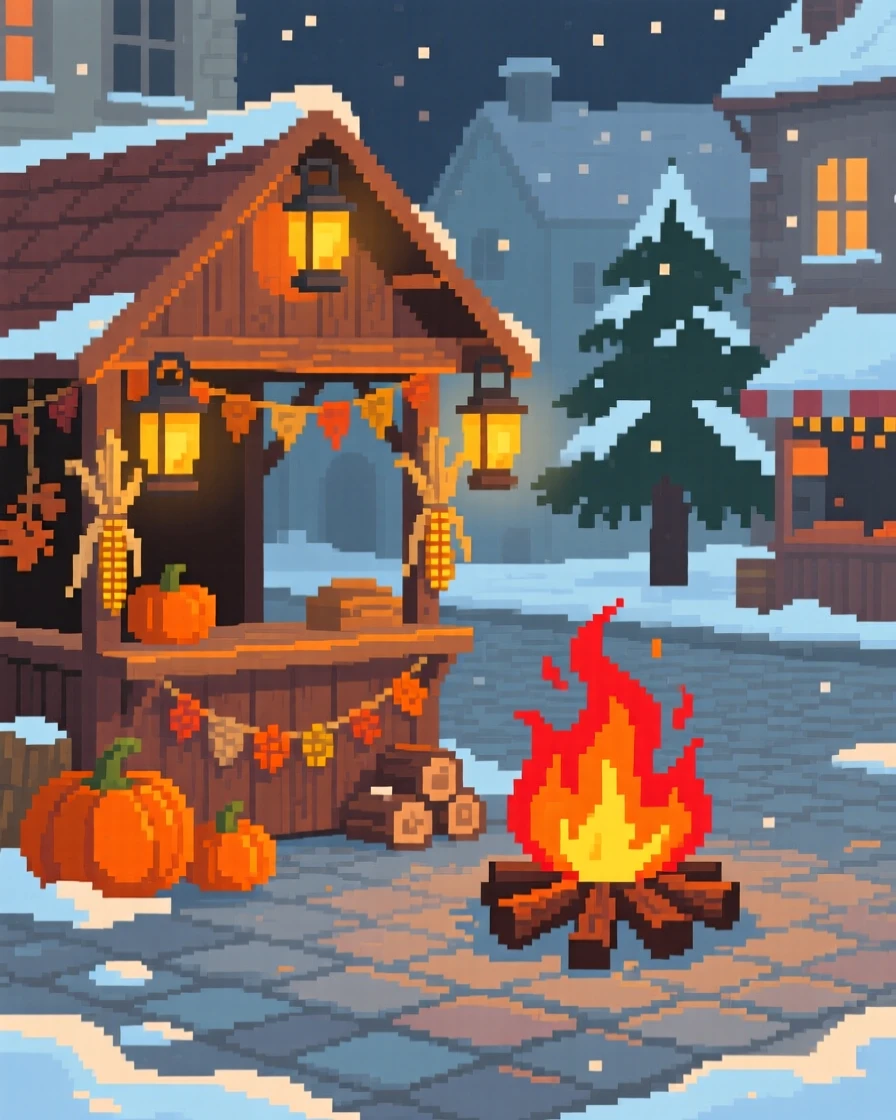 A lantern-lit autumn festival stall glowing beside a crackling bonfire, in a town square during a winter market.