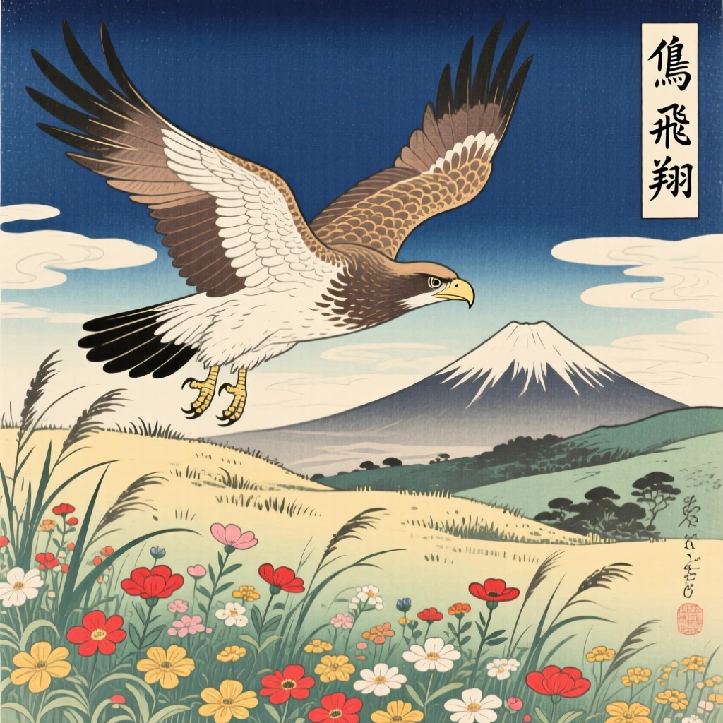 A soaring eagle drifting above a field of wildflowers.