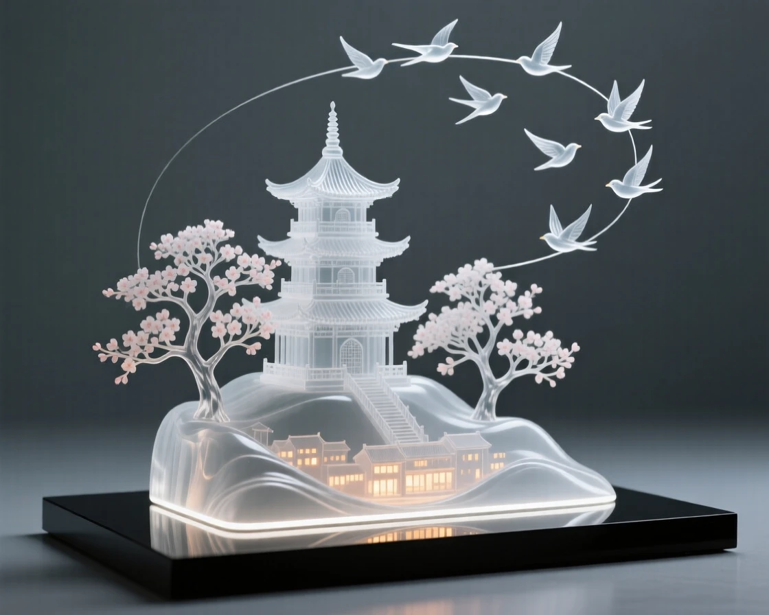 A pagoda nestled among blossoming trees on a hillside as lights begin to flicker on across the surrounding town, while a flock of birds wheels above the surrounding rooftops