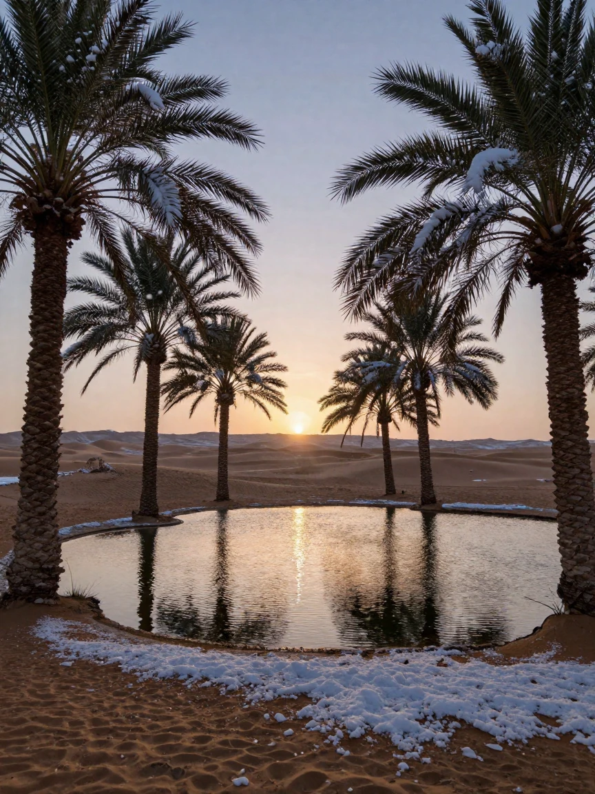 A desert oasis ringed by swaying palm trees, stretching endlessly as the first snow of winter falls