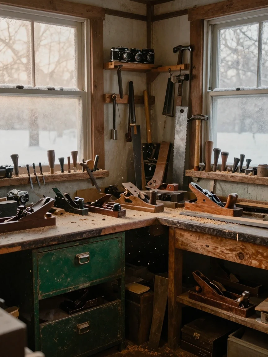 A cluttered woodworking shop filled with tools and sawdust, in the pale light just before sunrise, with a soft breeze stirring the air, under the first snow of winter, with deep emerald greens and browns, at eye level, intimate and direct.