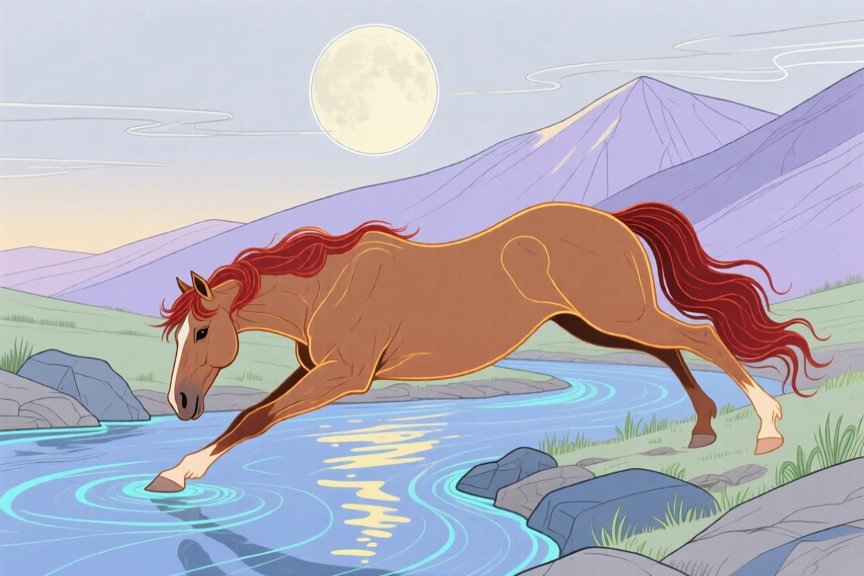 A wild mustang stretching in the morning light beside a mountain stream under a full moon.