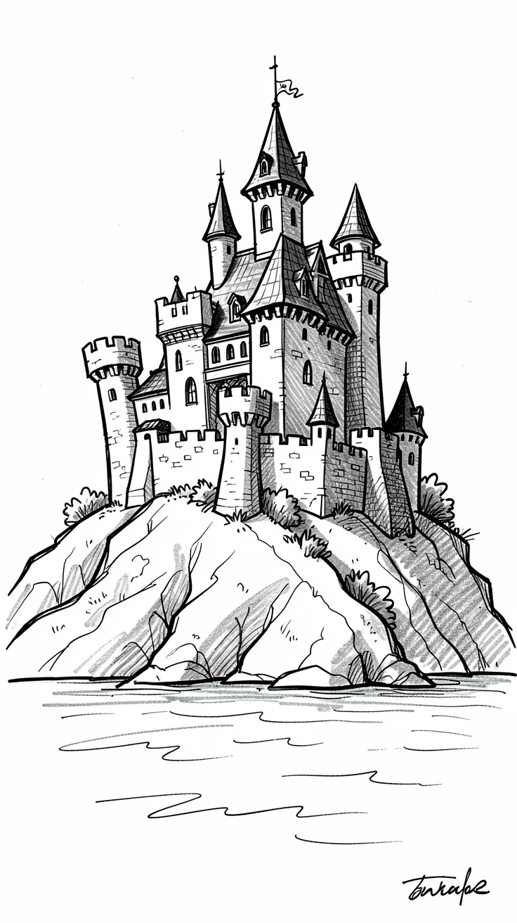 A grand old castle on a hilltop overlooking a calm bay.