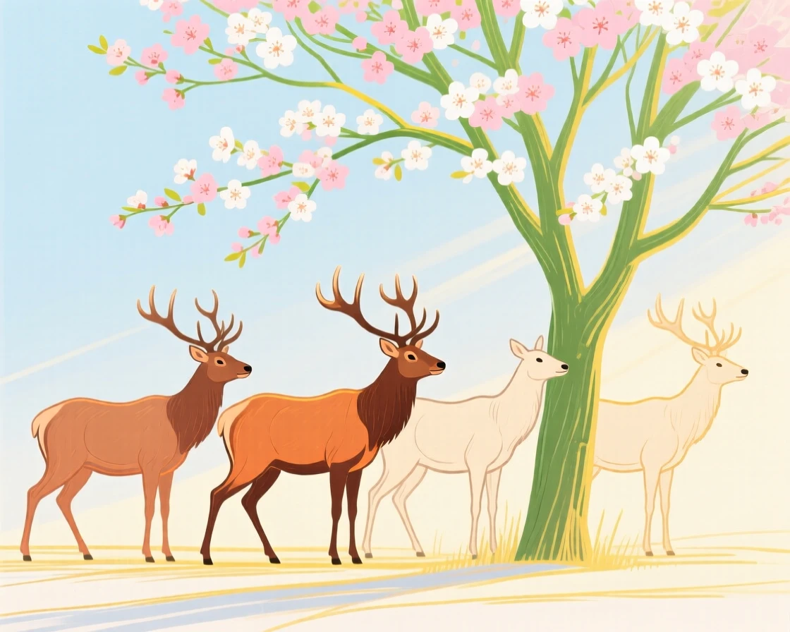 A herd of elk stretching in the morning light under a blossoming tree on a quiet summer afternoon.