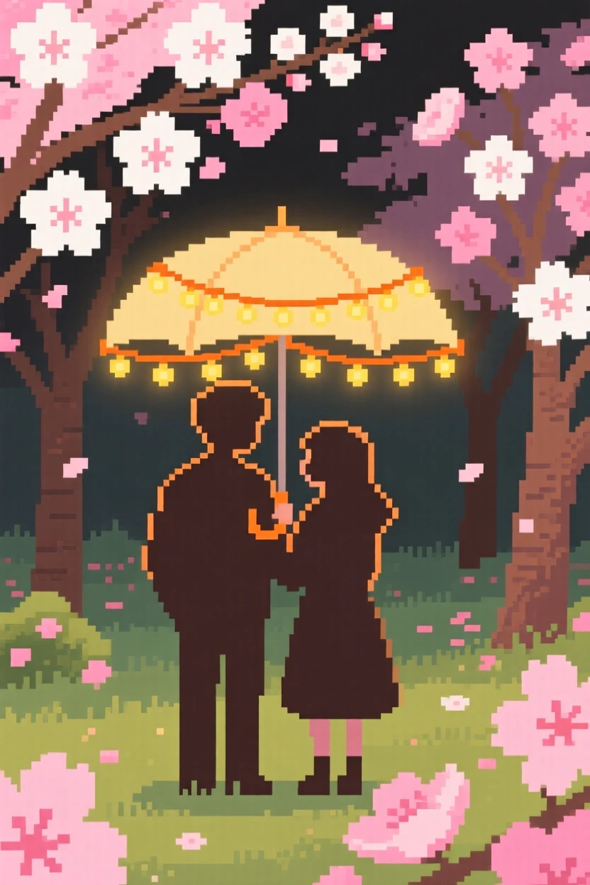 A couple sharing an umbrella decorated with strings of warm lights, in a garden bursting with cherry blossoms.