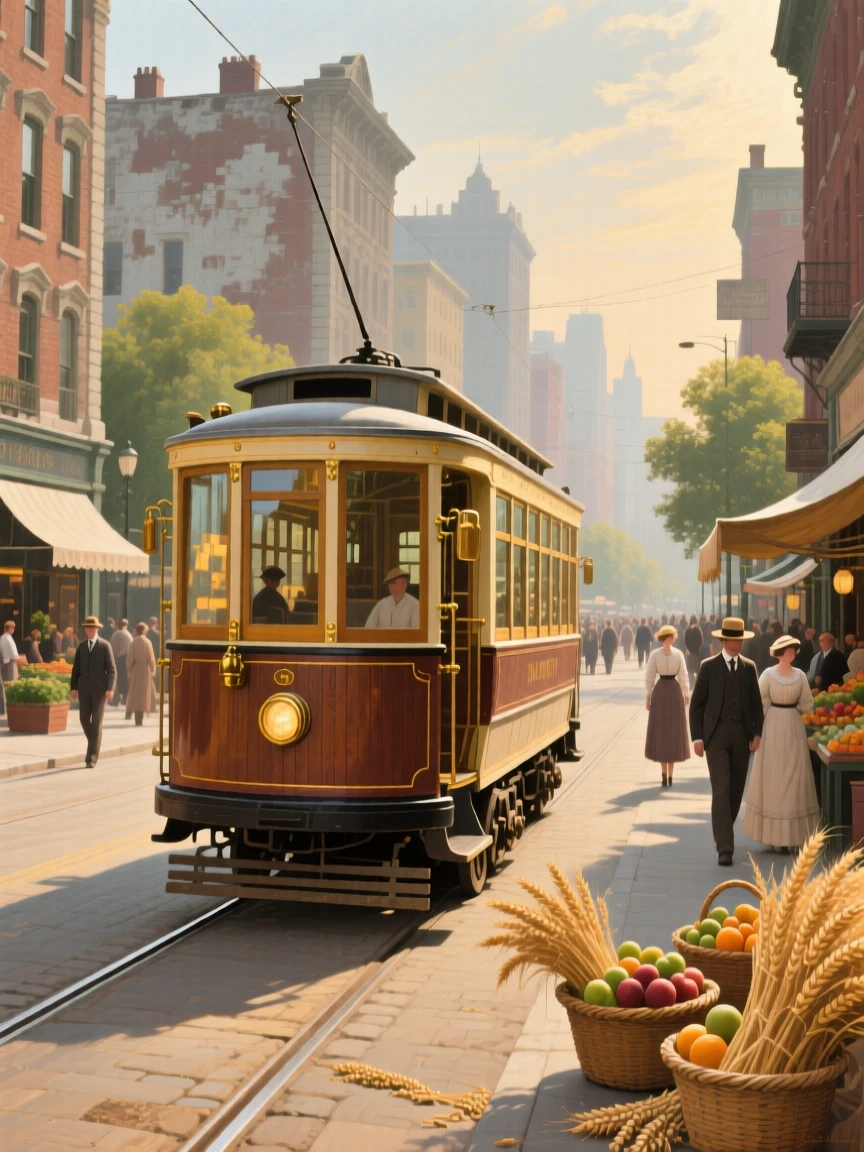 A panoramic view of a vintage trolley car rattling along a busy city street, in late afternoon, during the summer harvest.