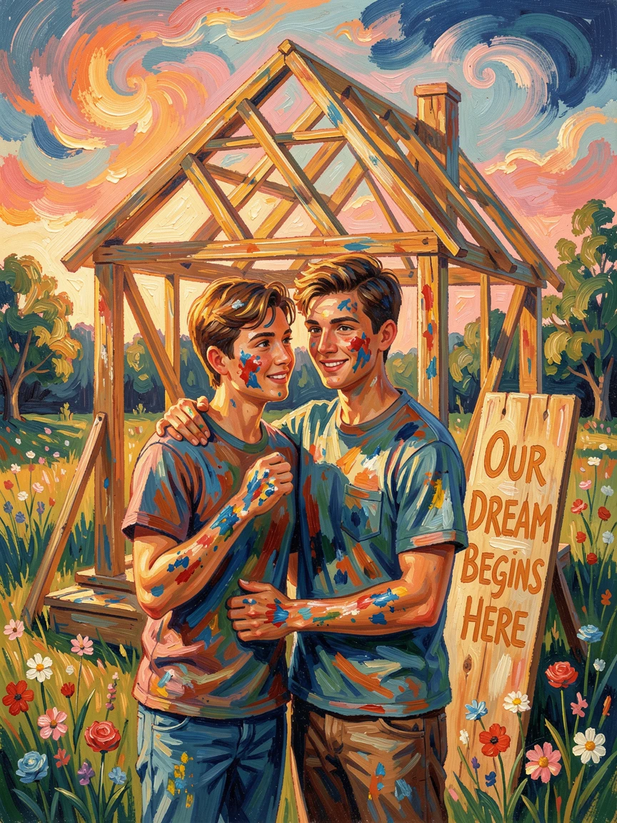 A young couple building their first home together, paint on their hands and hope in their eyes.