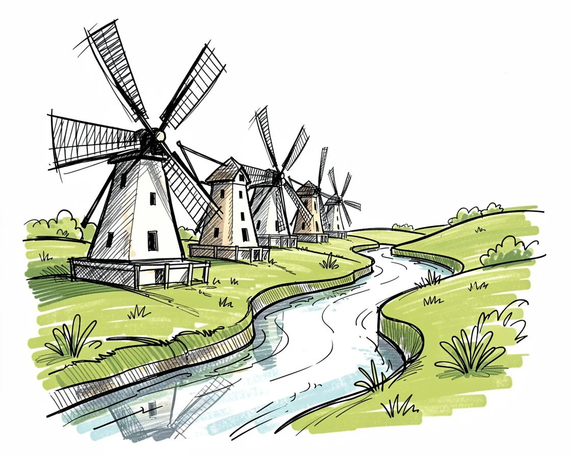 A row of windmills beside a canal beside rolling green hills.