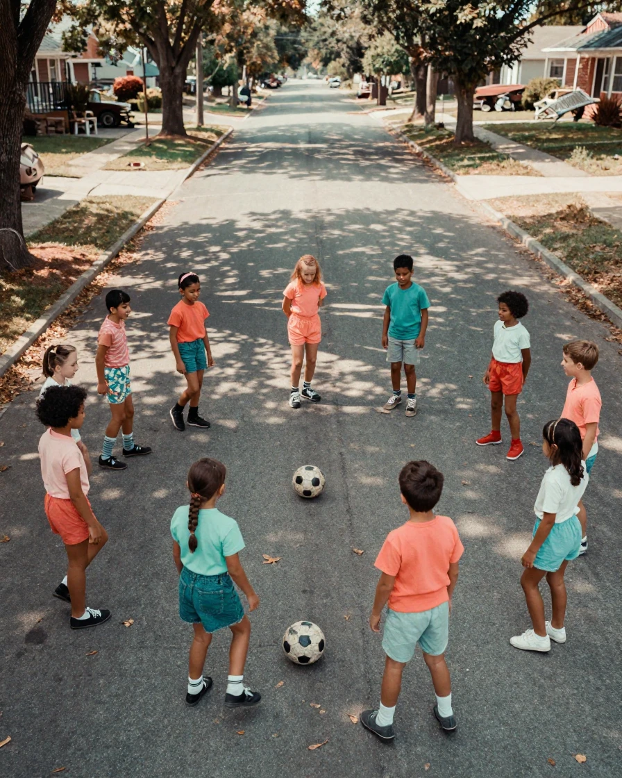 A group of children playing an impromptu game of street soccer, in dappled light filtering through leaves, in still, windless air, as summer fades into fall, in vivid coral and turquoise hues, shot from directly overhead.