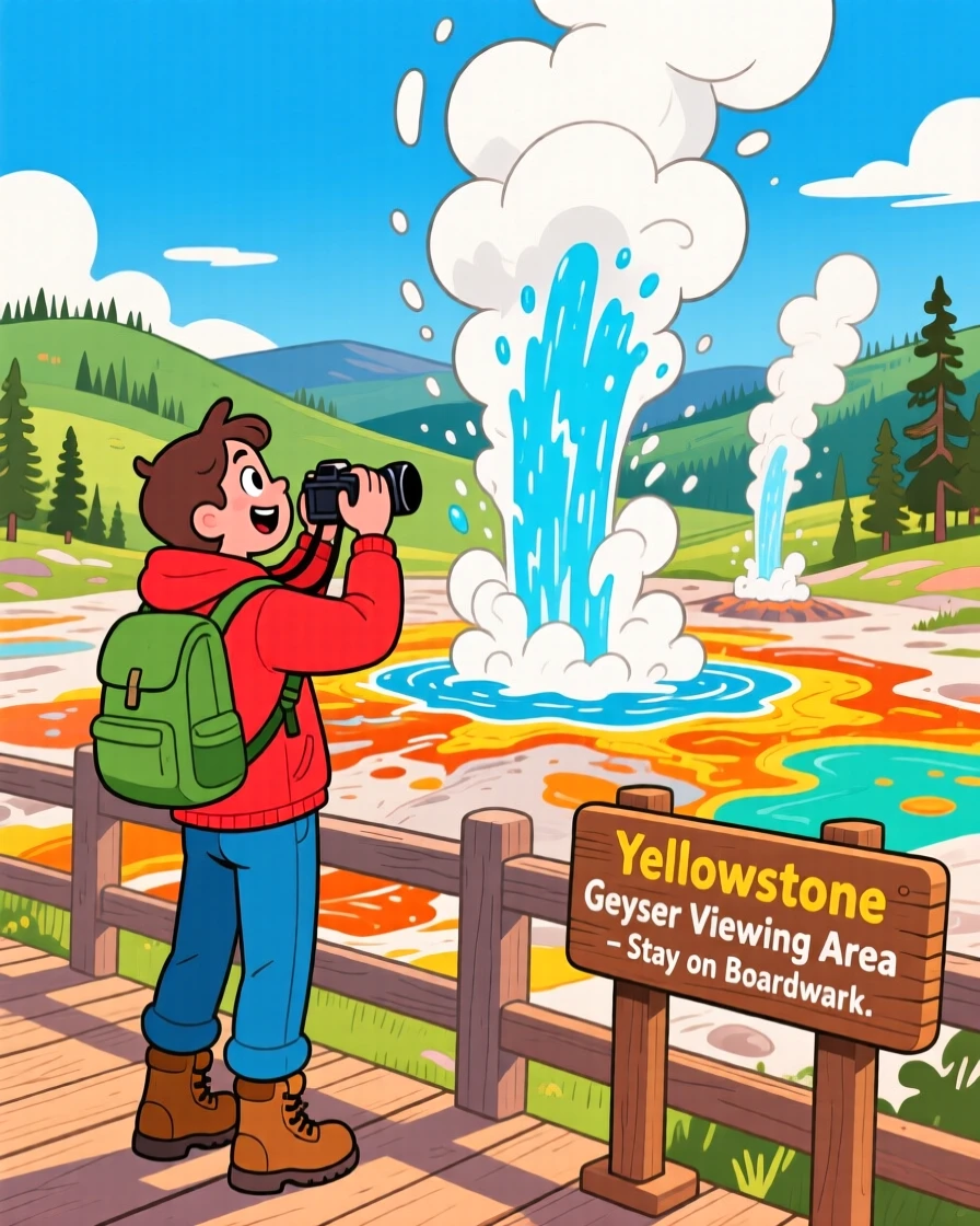 A traveler watching geysers erupt in a Yellowstone valley.
