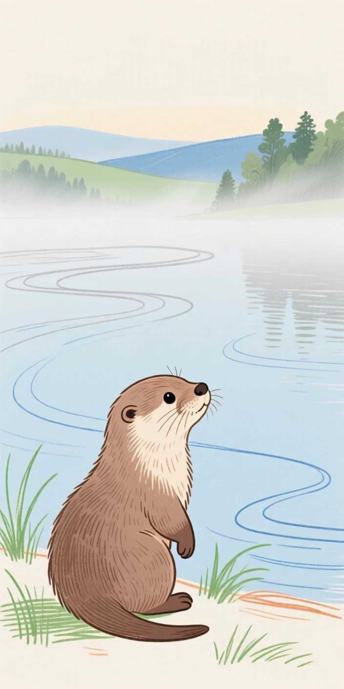 A baby otter watching the horizon beside a still lake as fog rolls in.