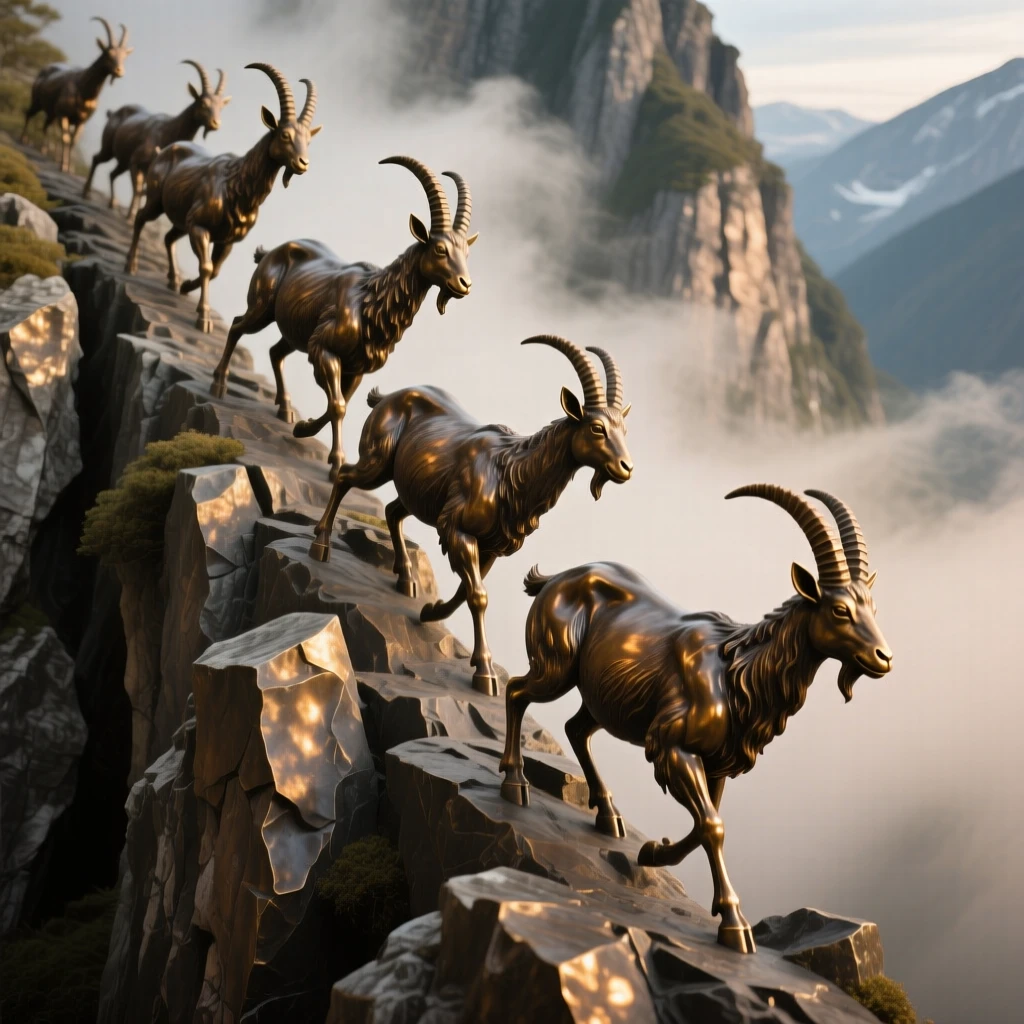 A herd of mountain goats navigating a narrow cliff path, surrounded by atmospheric mist and light, evoking wonder and majesty