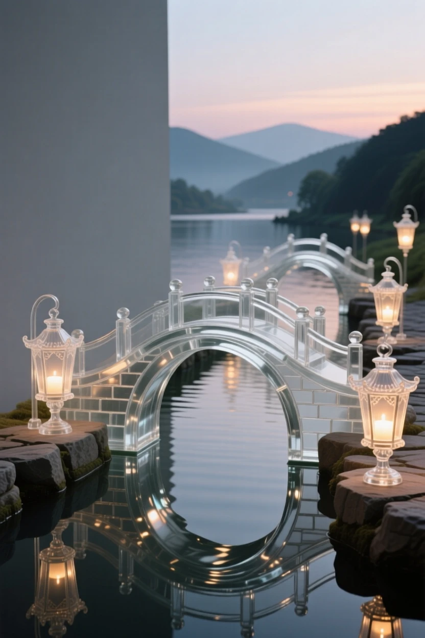With distant hills fading into the evening haze, a series of stone bridges arching gracefully over a canal, while lanterns begin to glow one by one along the street