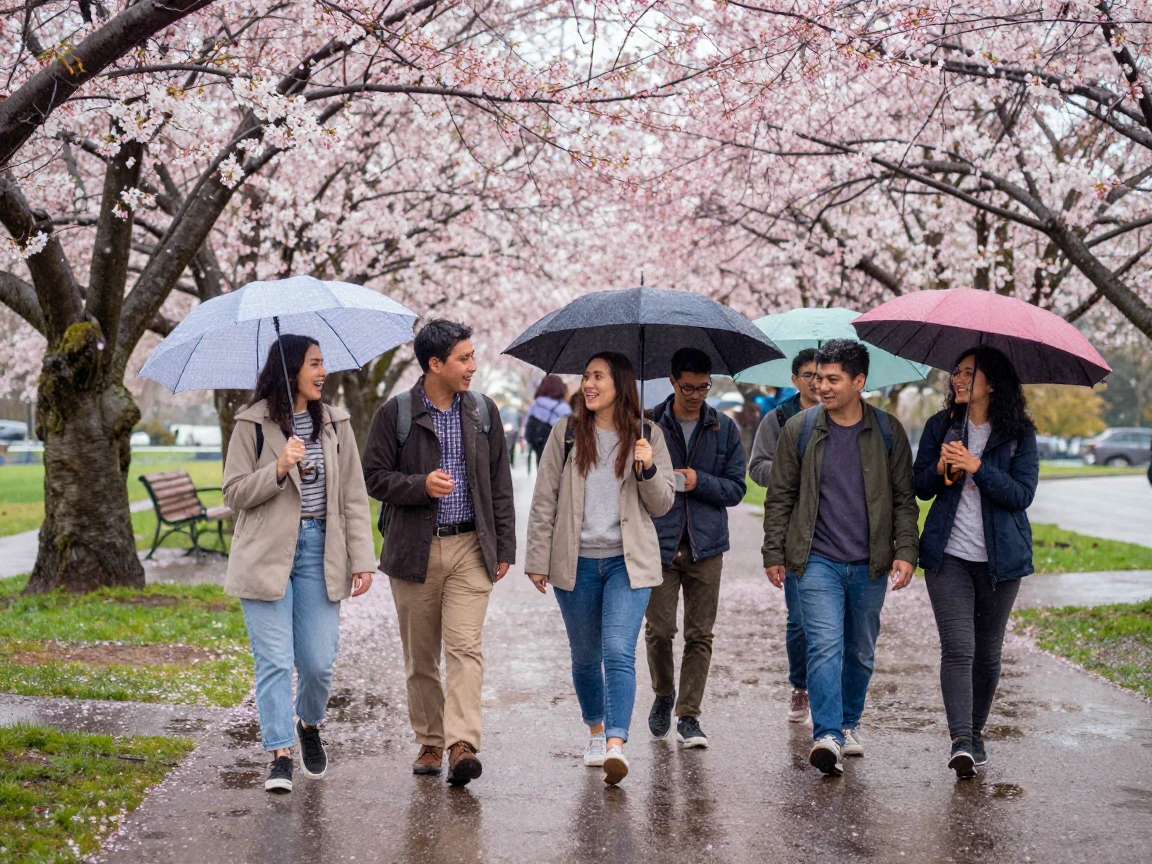 A group shares umbrellas while walking through a rain-soaked cherry blossom park.