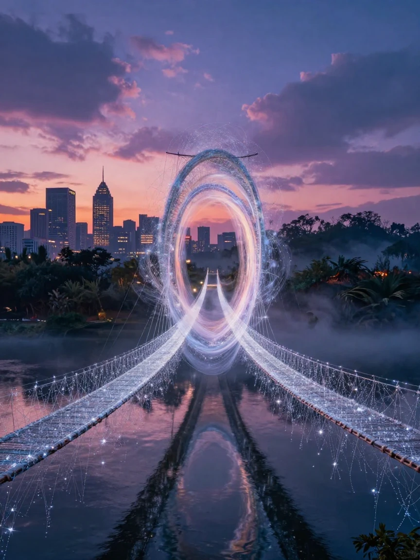 A shimmering portal between two worlds standing across a bridge spun from starlight