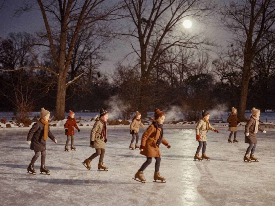 A frozen pond where children skate beneath bare trees, under moonlight, in crisp, dry air, in winter, in warm honey and cream tones, from a slightly elevated vantage point.