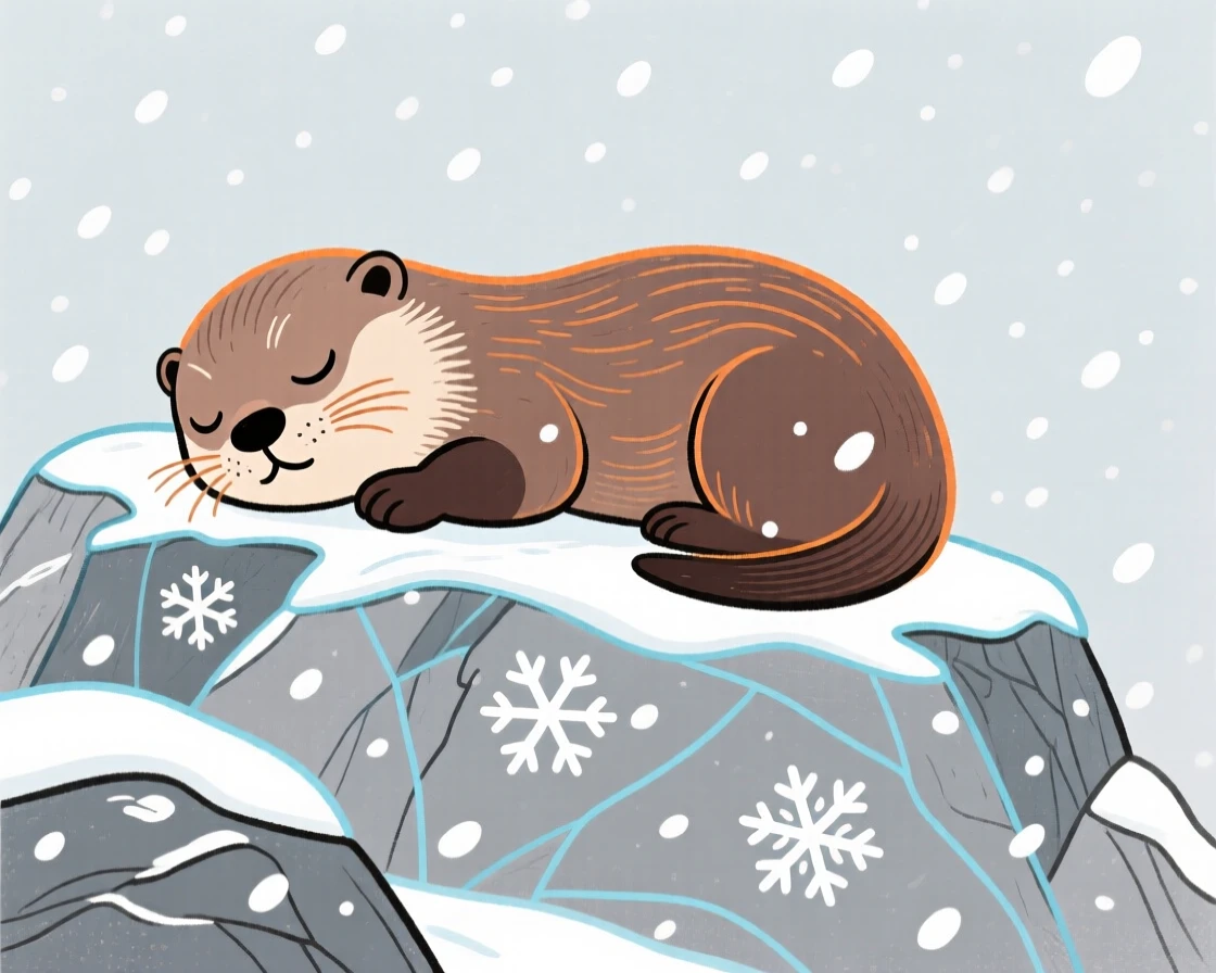 A baby otter napping on a rocky hillside during a light snowfall.