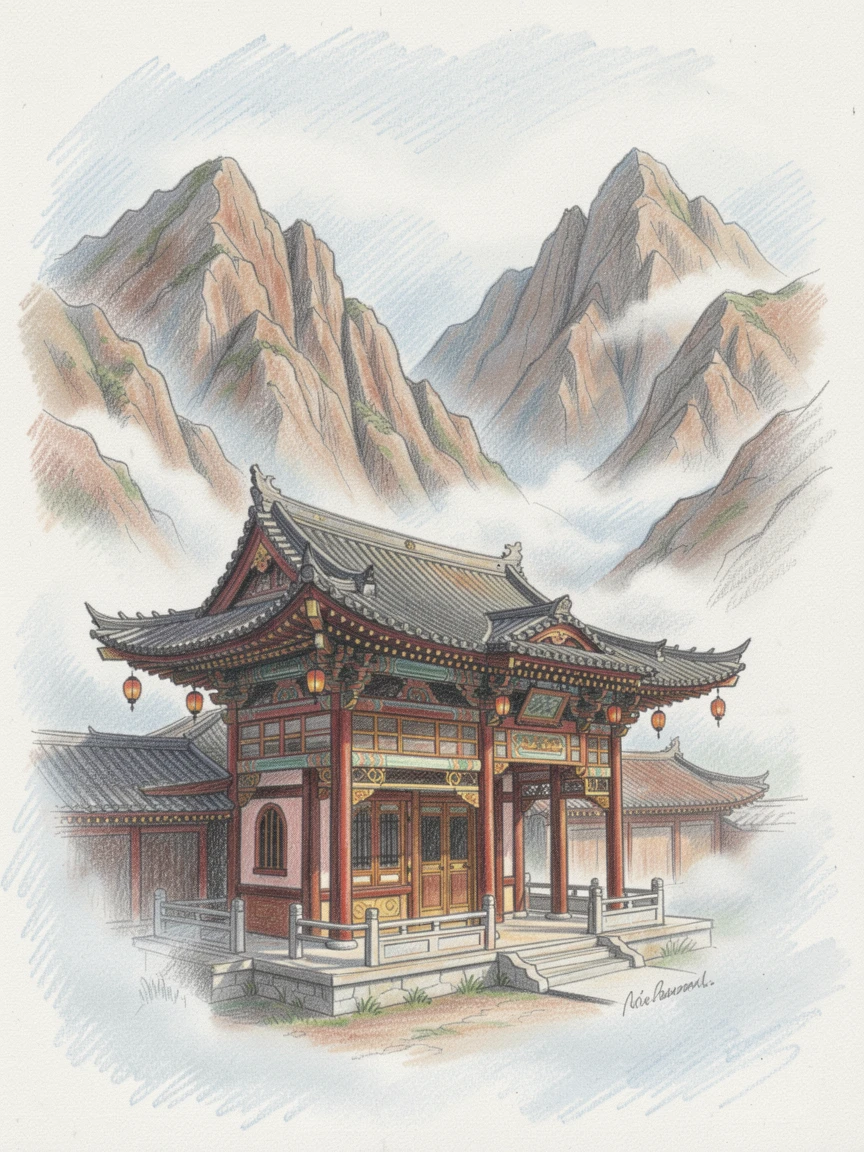 A Buddhist temple nestled among misty mountain peaks, with rich, inviting textures throughout the scene, designed to feel inviting, memorable, and shareable.