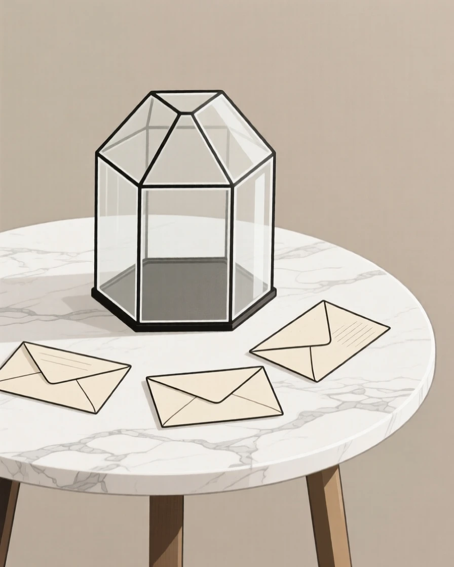 A glass terrarium resting on a marble side table, surrounded by folded letters, evoking vintage warmth.