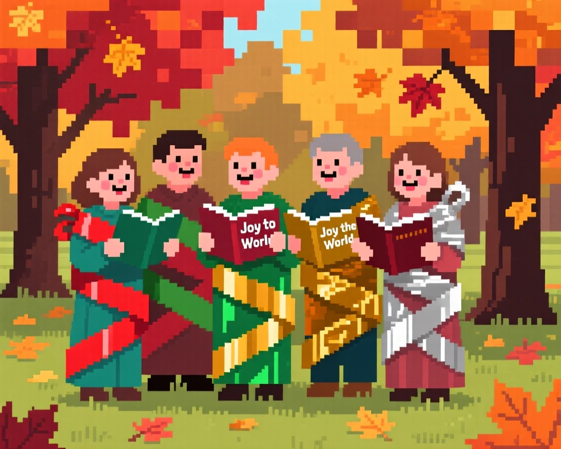 A group of carolers wrapped in ribbons and gift paper, in a park during peak autumn color.