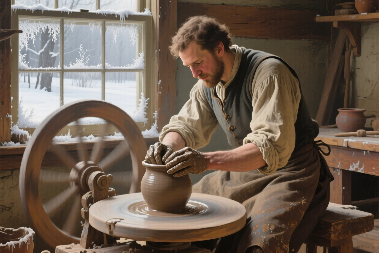 A medium shot of a potter shaping clay on a spinning wheel, hands steady and focused, during the colonial era, beneath fresh fallen frost.
