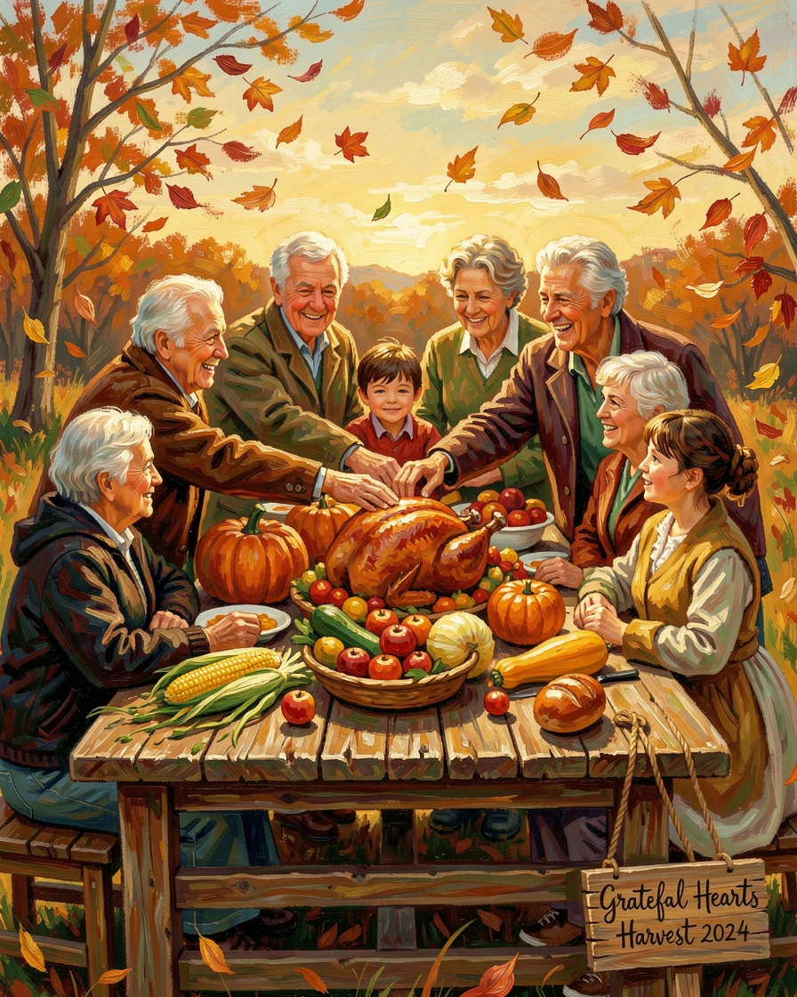 A large family gathered for a harvest feast, hands joined together in gratitude before the meal.