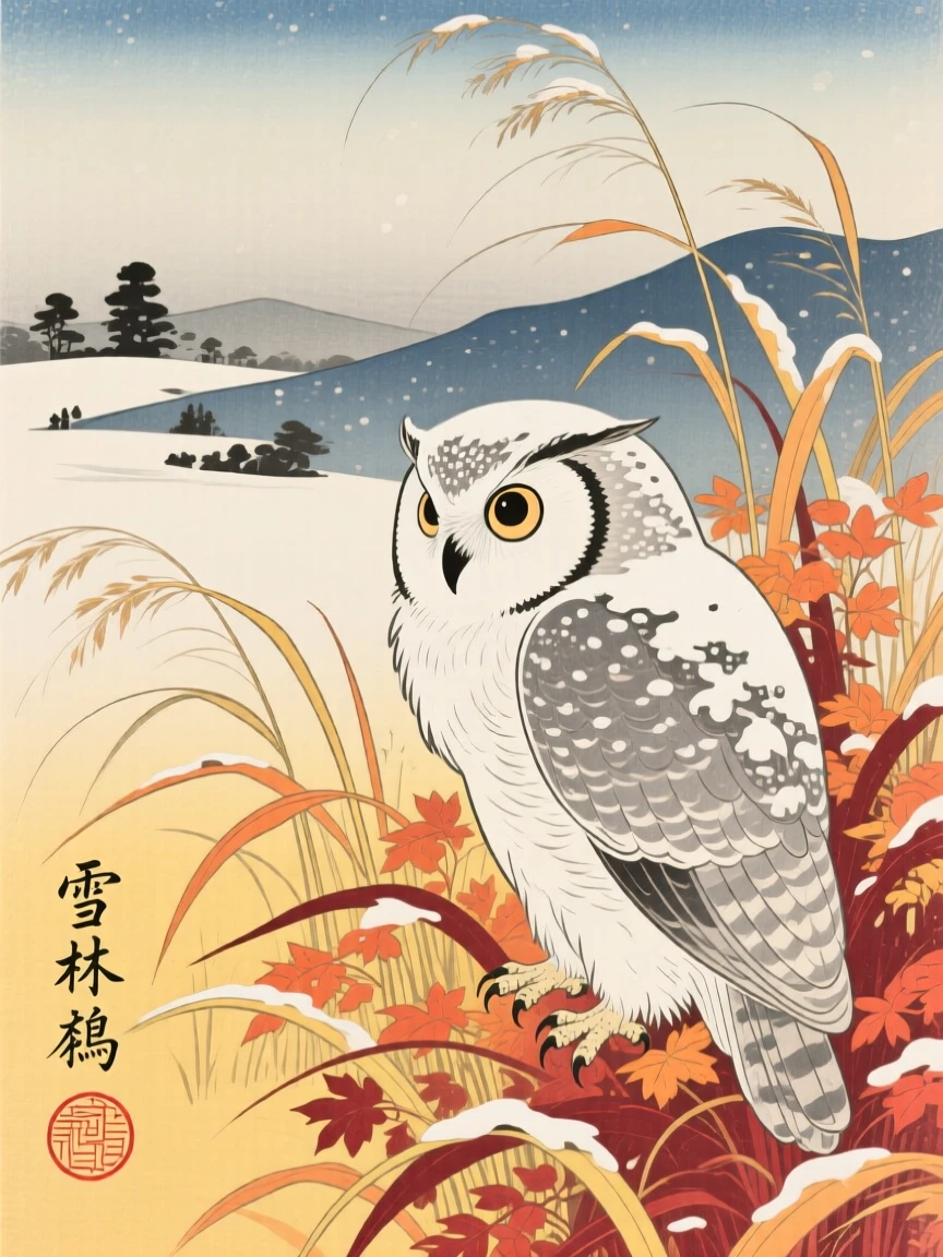 A snow-dusted owl prowling through tall autumn grass.