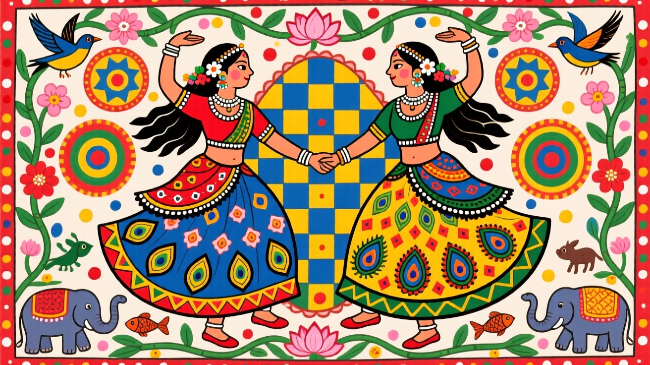 Dancers in flowing skirts twirling together at a lively cultural festival.