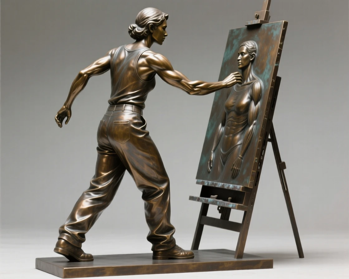 A sculptor stepping back to admire her finished work, with muscles tensed in graceful strength, forming a strong central focal point