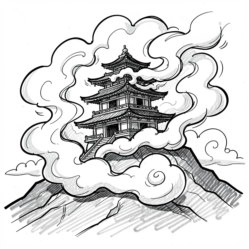 A mountain temple wrapped in fog during a warm summer evening.