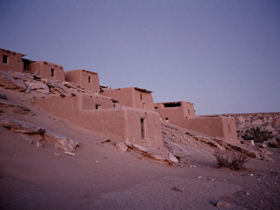 A remote adobe village built into the side of a desert canyon, under a canopy of stars, as heat shimmers over the ground, as summer fades into fall, in dusty lavender and rose tones, from a three-quarter angle.