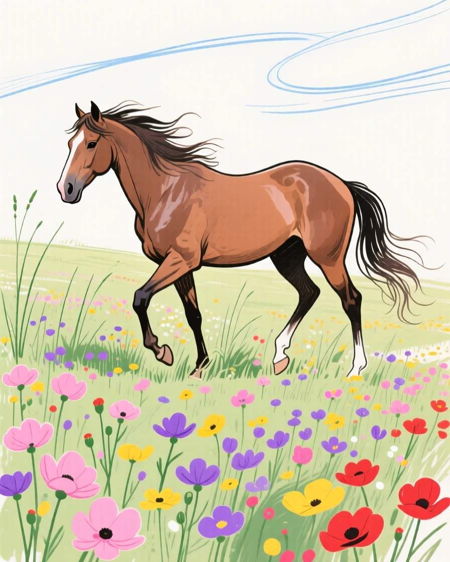 A wild mustang wandering near a wildflower field on a quiet summer afternoon.