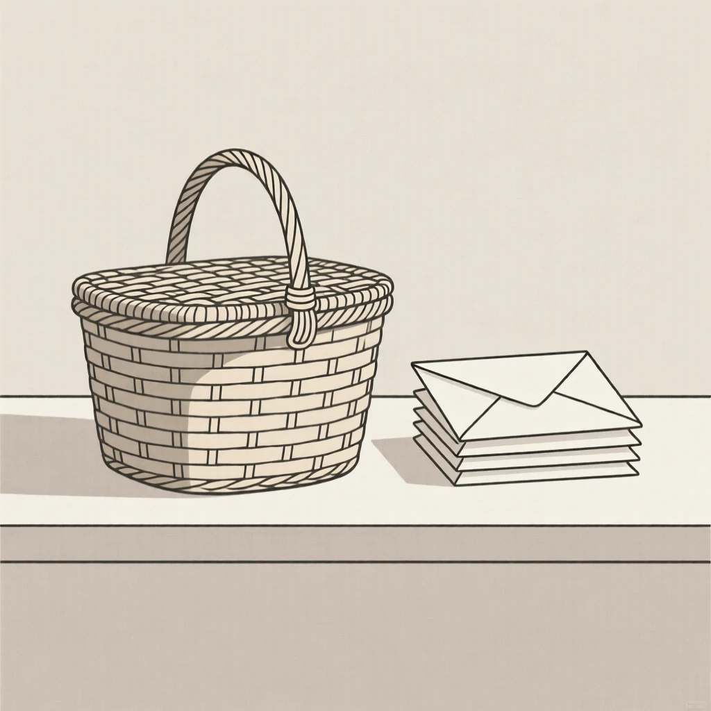 A close-up study of a woven picnic basket placed beside folded letters on a minimalist shelf, full of understated elegance.