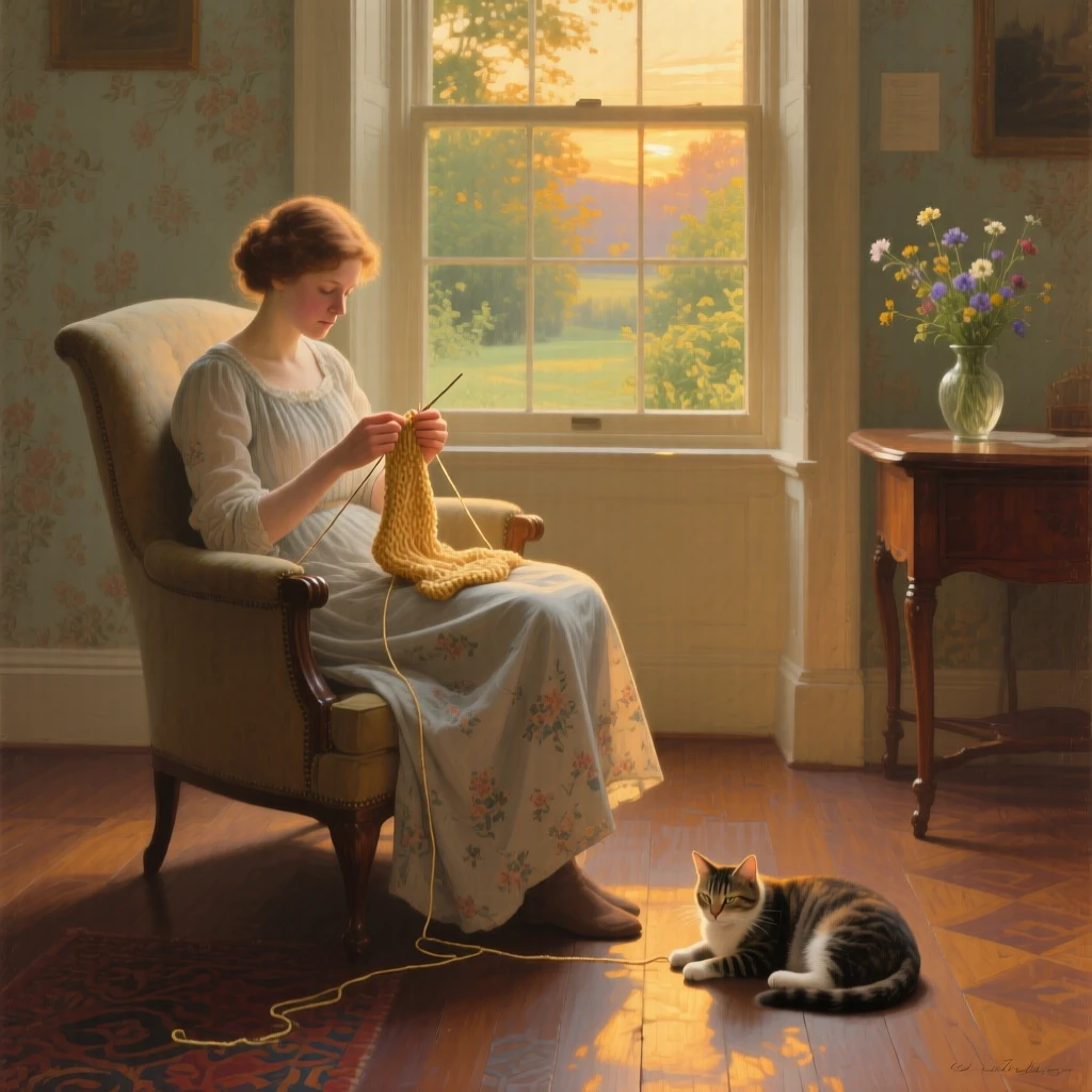 A well-framed scene of a woman knitting while her cat naps in a sunbeam nearby, in the height of summer, at golden hour.