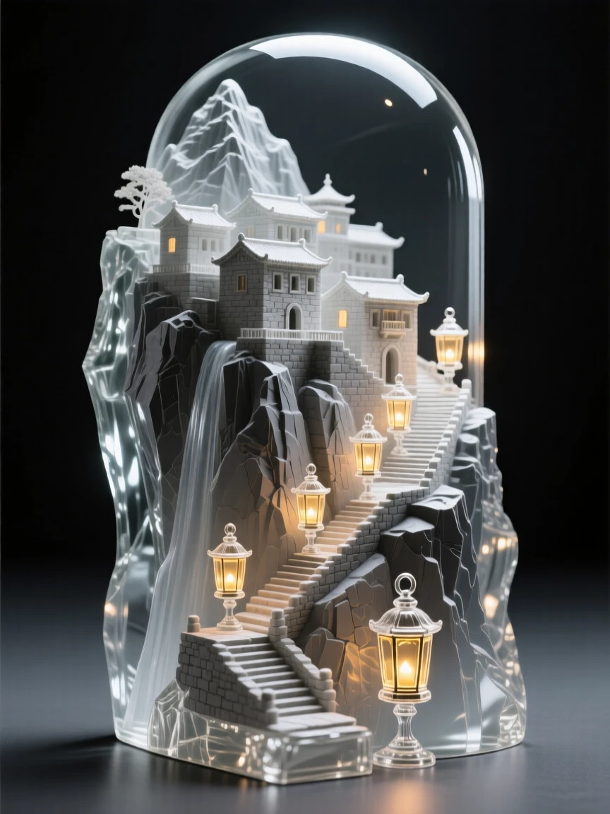 A mountain monastery clinging to the side of a steep cliff while lanterns begin to glow one by one along the street