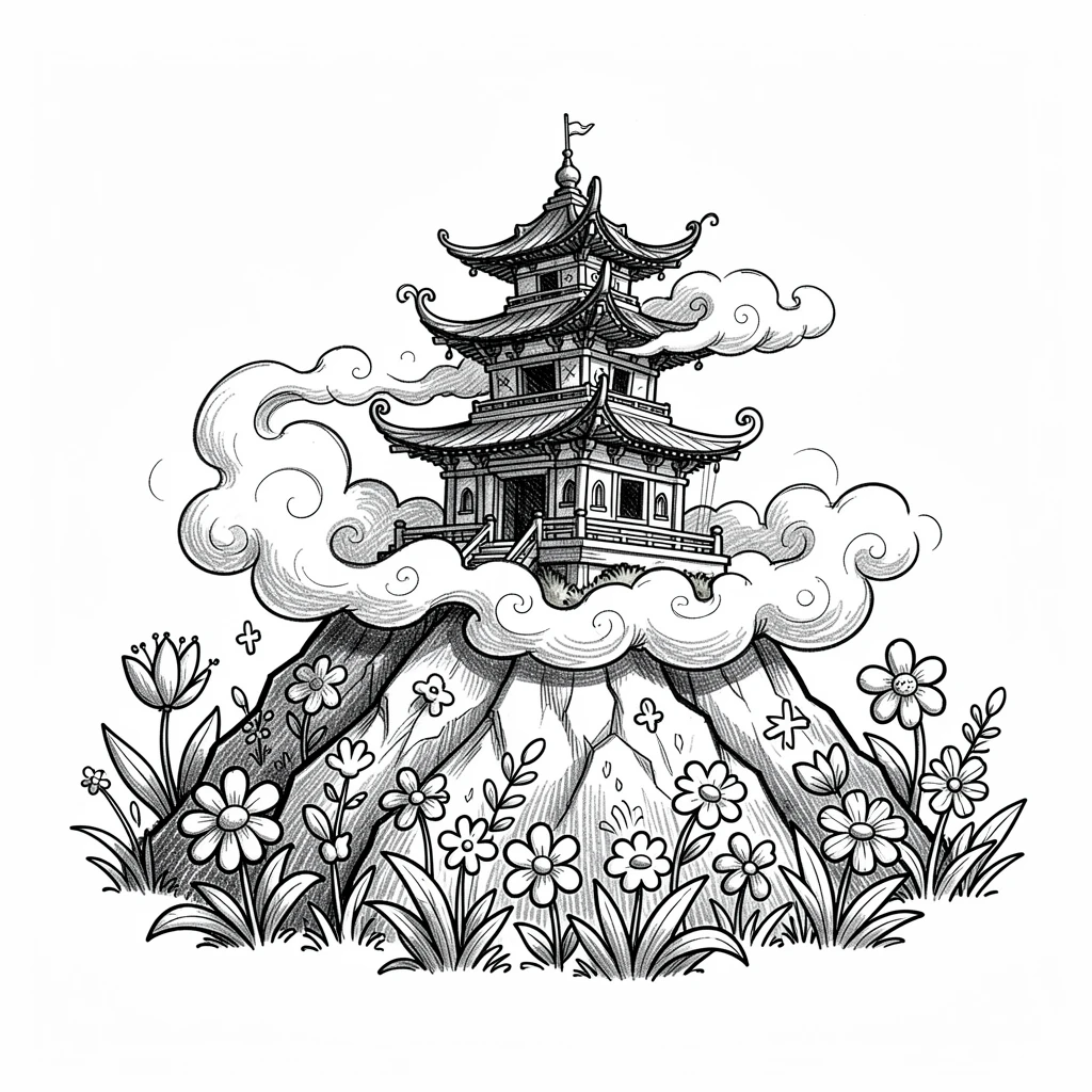 A mountain temple wrapped in fog surrounded by blooming spring gardens.