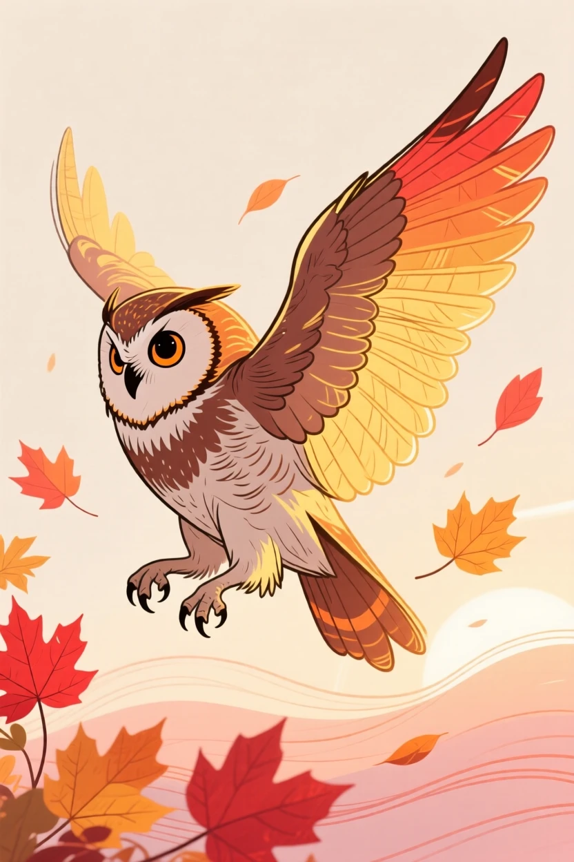 A wise old owl stretching in the morning light among autumn leaves at sunrise.