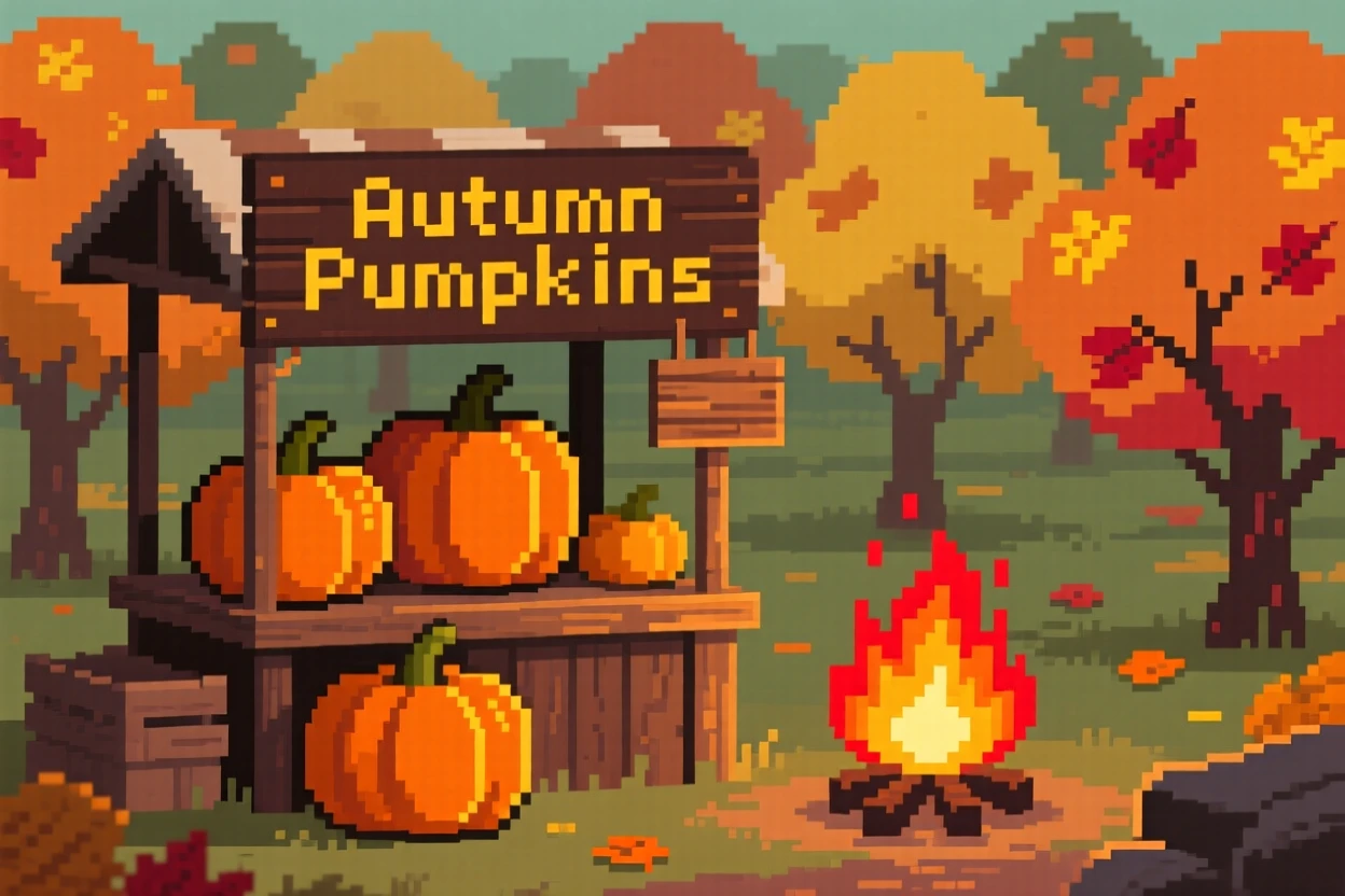 A market stall selling autumn pumpkins glowing beside a crackling bonfire, in an orchard during harvest season.